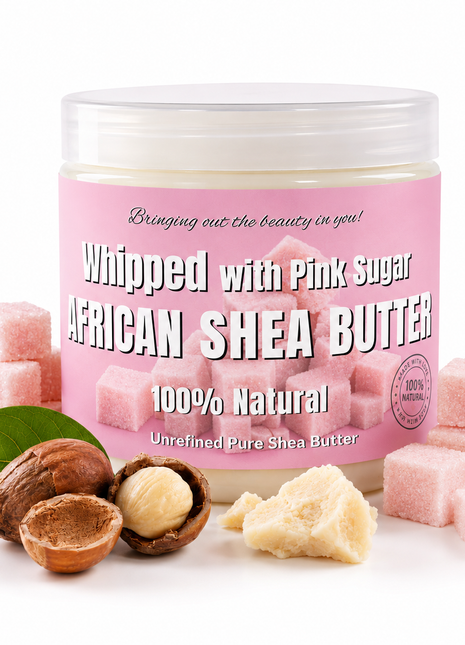 Jar of whipped pink sugar with African shea butter on a white background