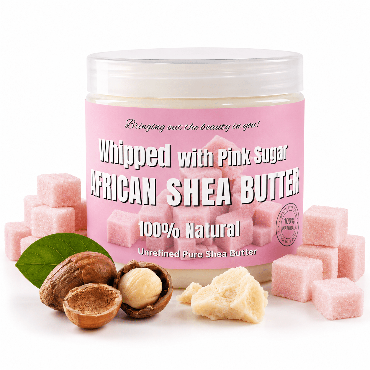 Jar of whipped pink sugar with African shea butter on a white background