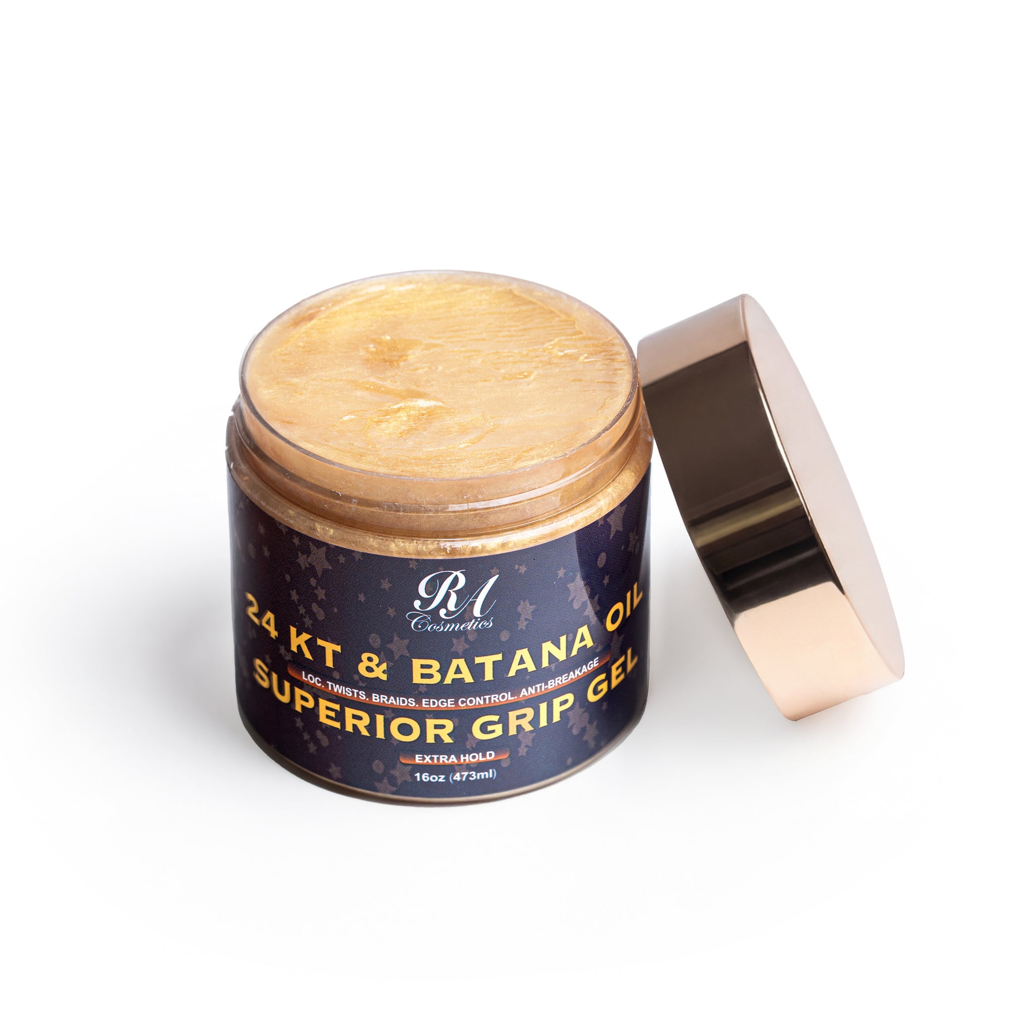 Jar of superior grip gel with a gold lid on a white background