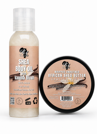 A bottle of Shea Body Oil and its matching lid container, both featuring a beige label with vanilla graphics, on a clean white background.