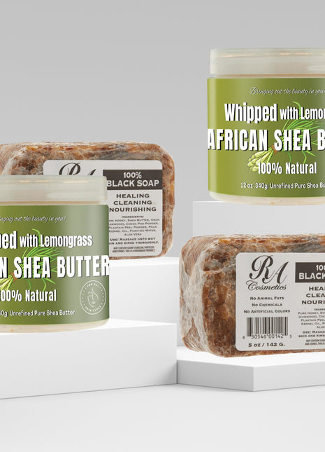 Whipped Shea Butter (12oz x 2) & African Black Soap (5oz) x 2 Bundle