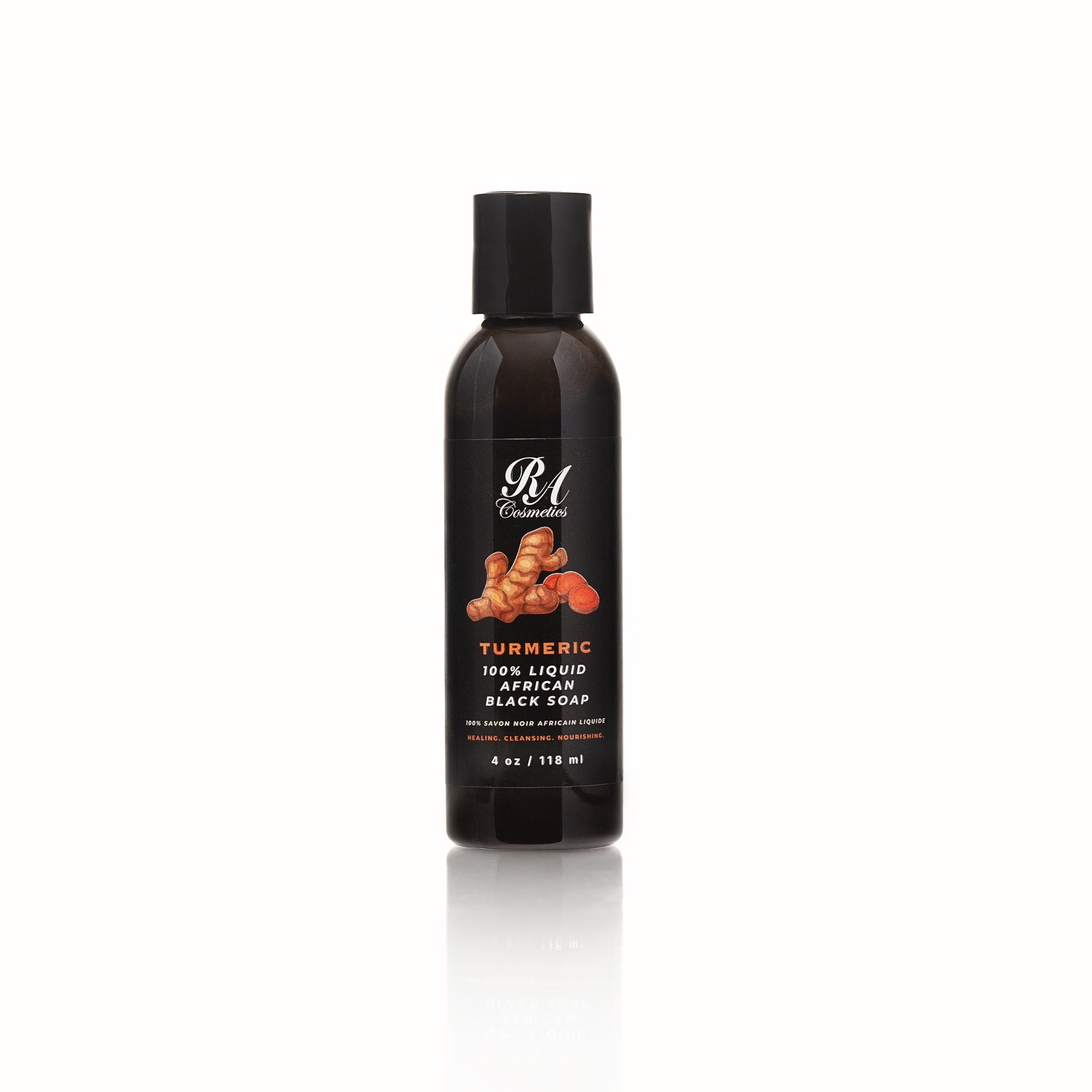 Black bottle of RA Cosmetics Turmeric Liquid Black Soap on a white background