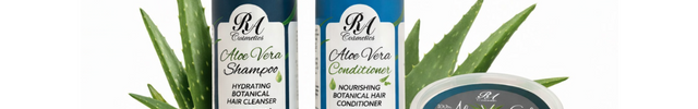 RA Aloe Vera products including shampoo, conditioner, and gel with aloe vera leaves on a white background.