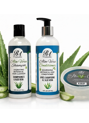 RA Aloe Vera products including shampoo, conditioner, and gel with aloe vera leaves on a white background.