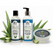RA Aloe Vera products including shampoo, conditioner, and gel with aloe vera leaves on a white background.