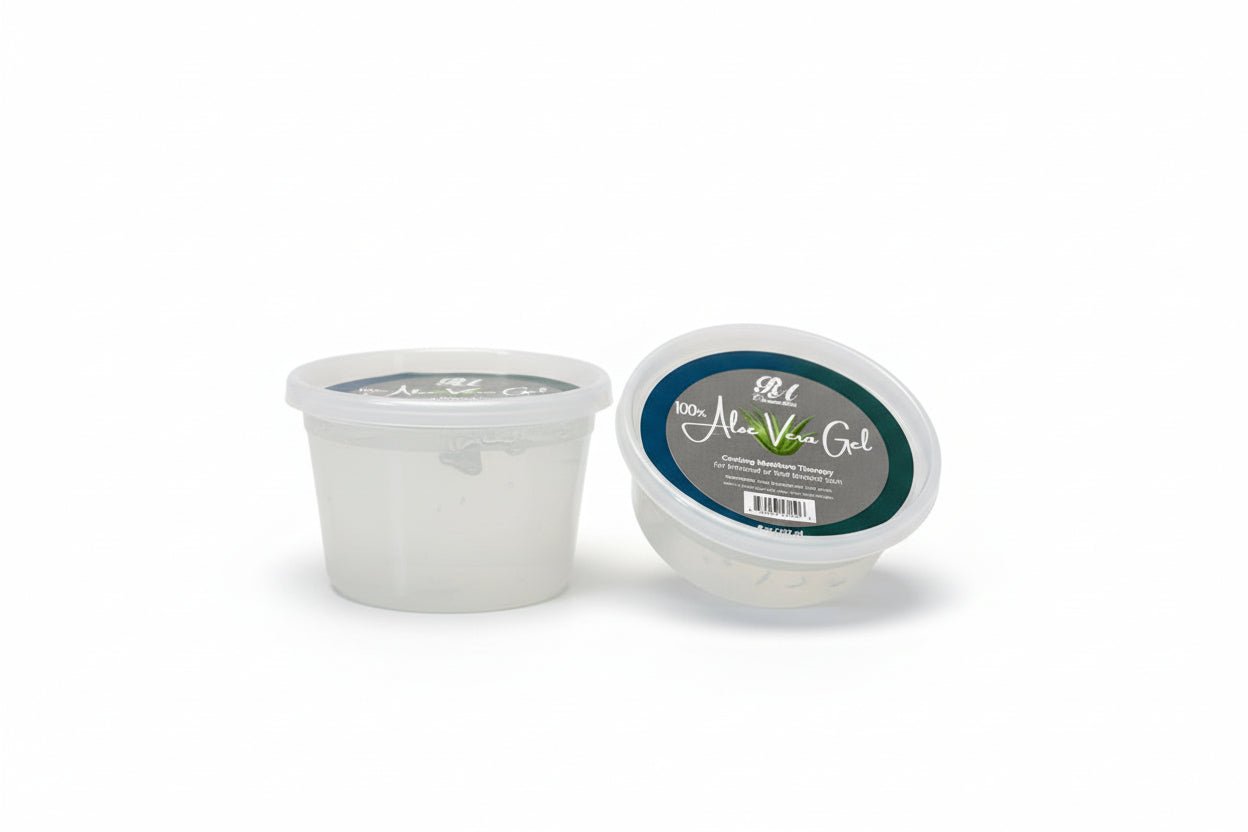 Two containers of aloe vera gel on a marble countertop with a tiled wall background.