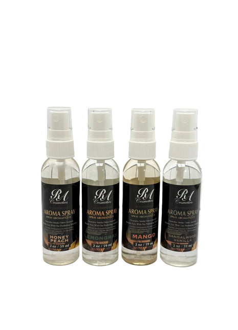 Four bottles of RA Aroma Sprays on a white background
