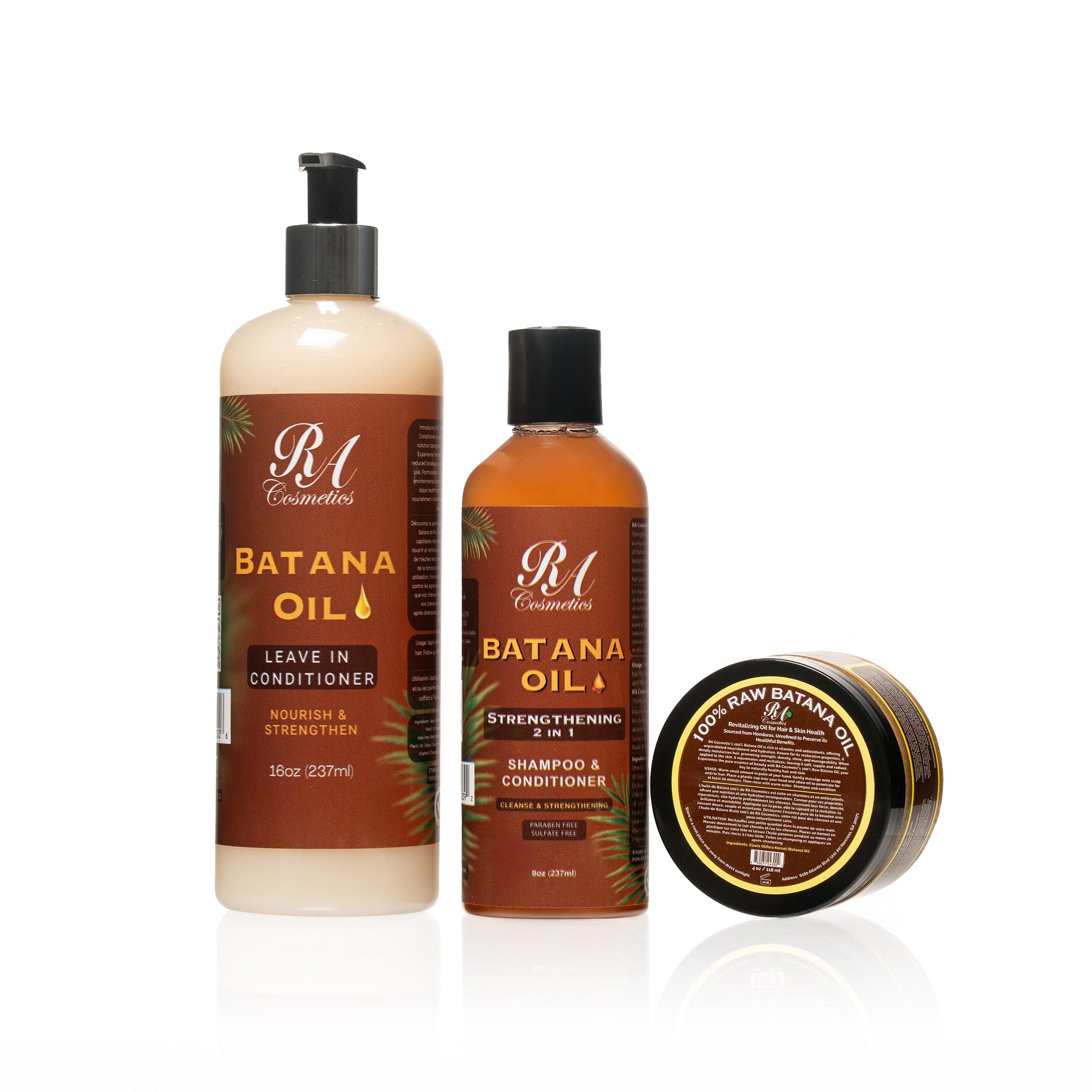 Batana Oil hair care products including a leave-in conditioner, shampoo & conditioner, and a hair butter on a white background.