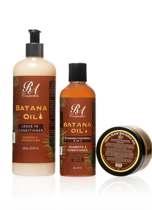 Batana Oil hair care products including a leave-in conditioner, shampoo & conditioner, and a hair butter on a white background.