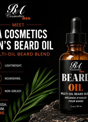 RA Cosmetics Men's Beard Oil bottle with branding and product details on a dark background