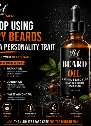RA Cosmetics Men's Beard Oil bottle with product details on a dark background