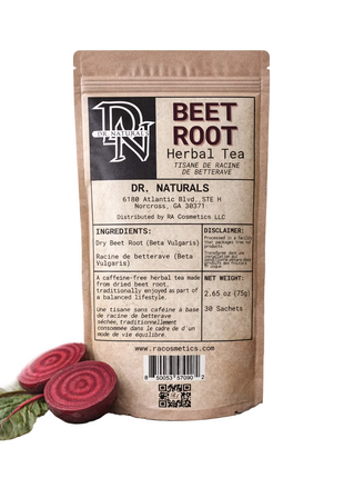 Beet root herbal tea package with ingredients list and branding on a light background