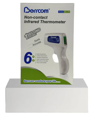 Berrcom non-contact infrared thermometer packaging with white background, featuring the product image and brand logo.
