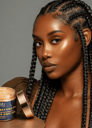 Woman with braided hair holding a jar of hair product against a gray background