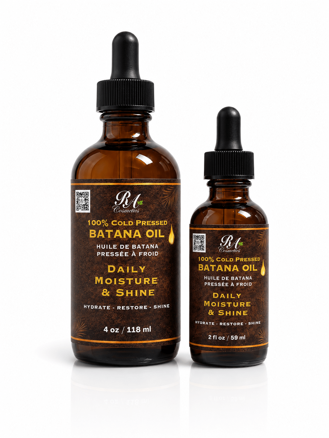 Two bottles of Batána oil with droppers on a white background