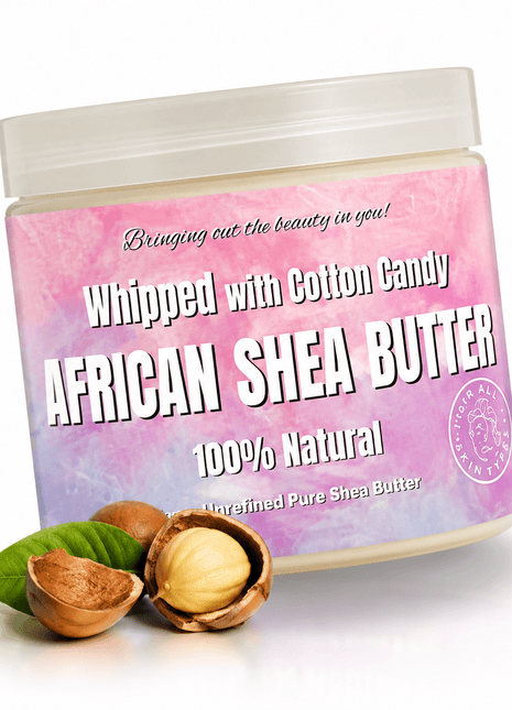 Jar of African shea butter with cotton candy flavor on a white background