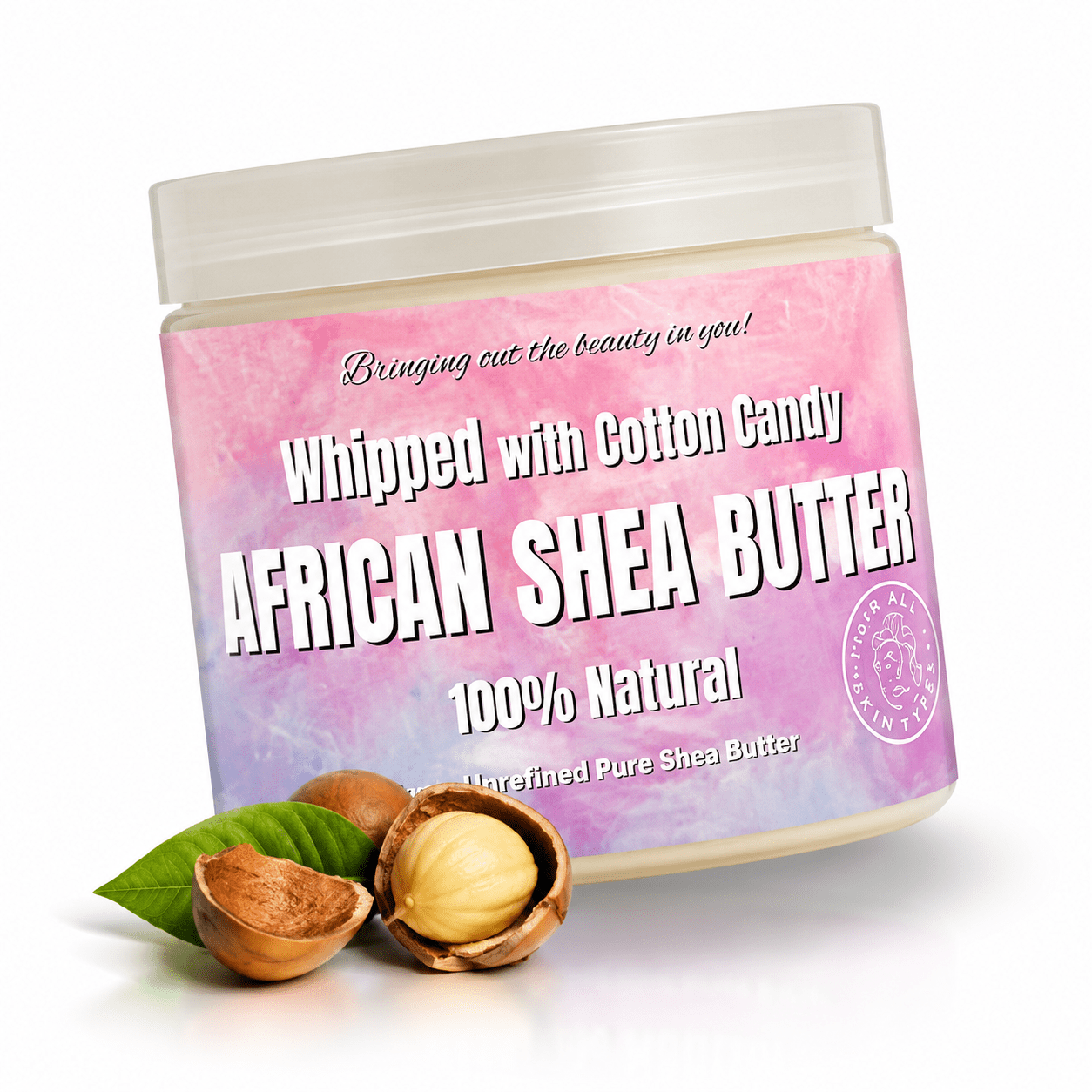 Jar of African shea butter with cotton candy flavor on a white background