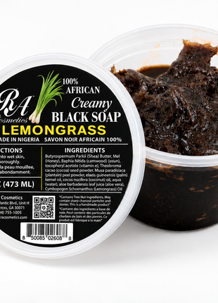 Two 16 oz plastic tubs of B4 Creamery Lemongrass Creamy Black Soap on a white background, with one tub showing the dark brown soap inside and the other showing the black label.