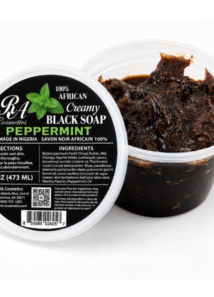A 16 oz plastic tub of B4 Creamery Peppermint Creamy Black Soap, showing the dark brown soap inside alongside its black and white label.