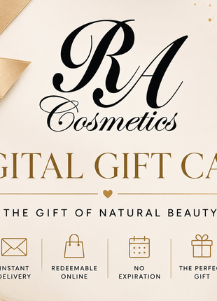 RA Cosmetics digital gift card with decorative elements on a light background