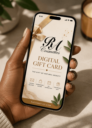 Hand holding a phone displaying an RA Cosmetics digital gift card on a neutral background.