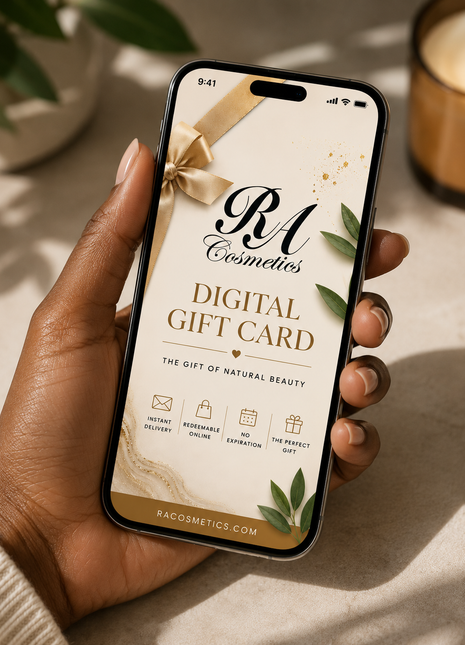 Hand holding a phone displaying an RA Cosmetics digital gift card on a neutral background.
