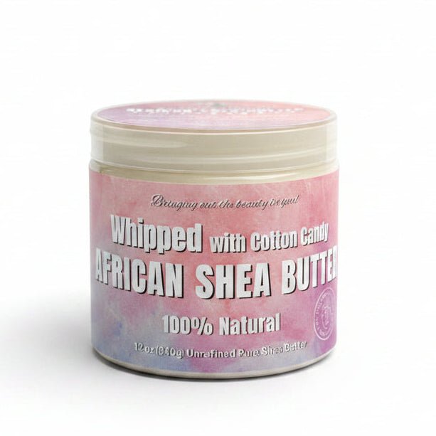 Jar of African Shea Butter with pink and white label on a tiled bathroom counter