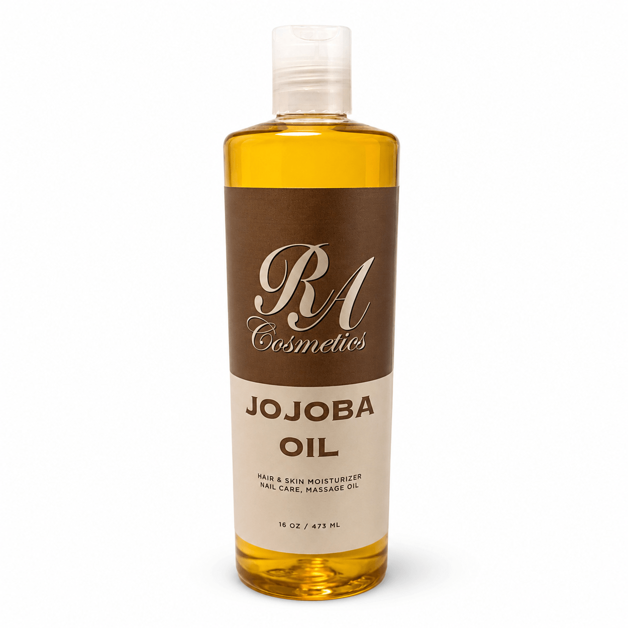 Bottle of RA Cosmetics Jojoba Oil on a white background