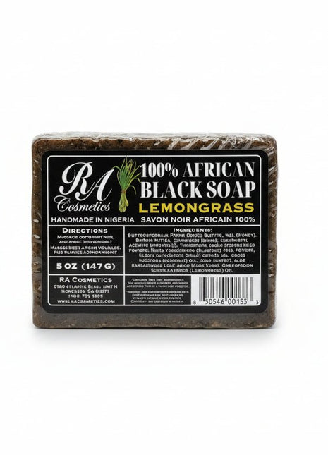 Bar of 100% African Black Soap with Lemongrass scent on a white background