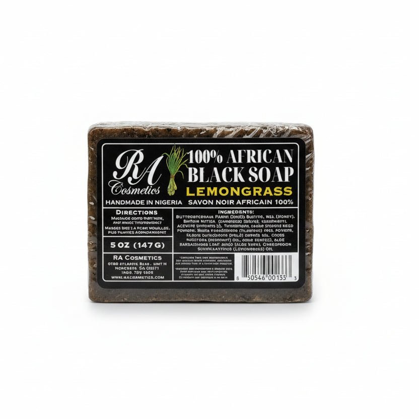 Bar of 100% African Black Soap with Lemongrass scent on a white background
