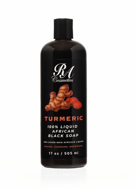 Bottle of RA Cosmetics Turmeric 100% Liquid African Soap on a white background