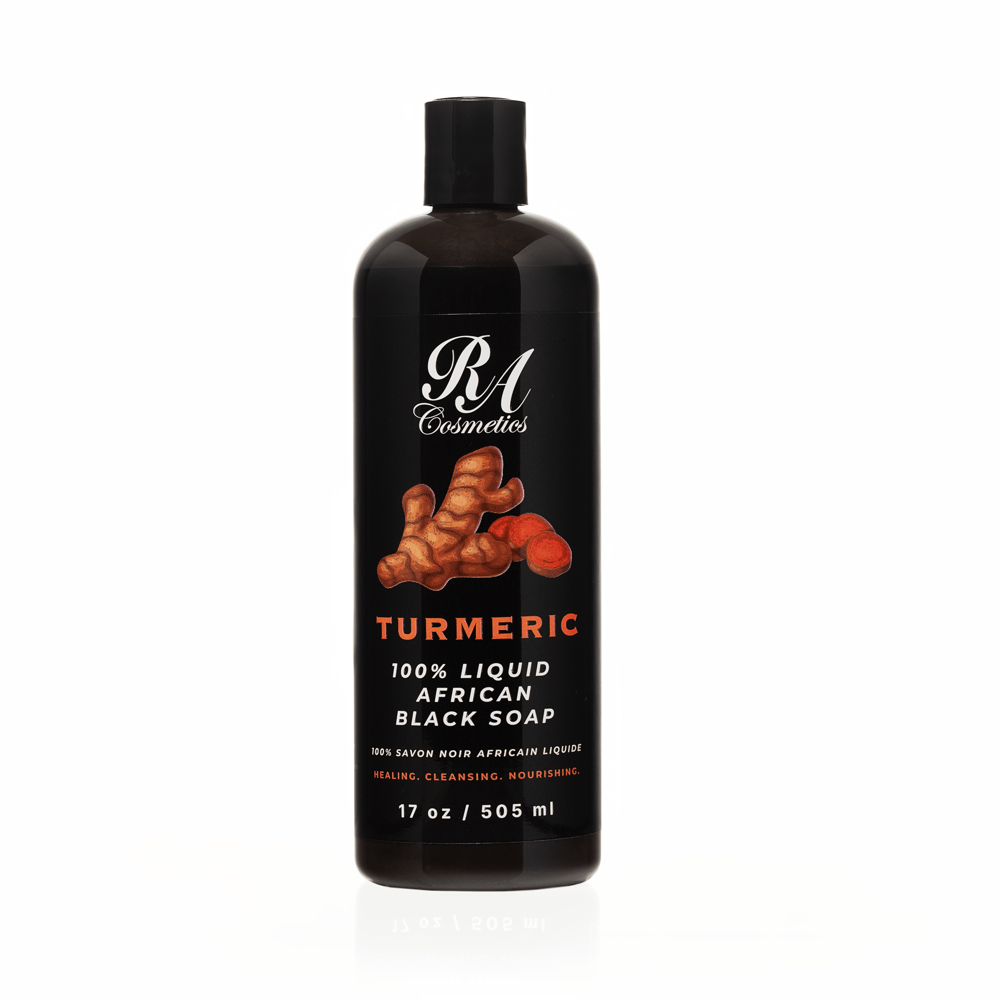 Bottle of RA Cosmetics Turmeric 100% Liquid African Soap on a white background