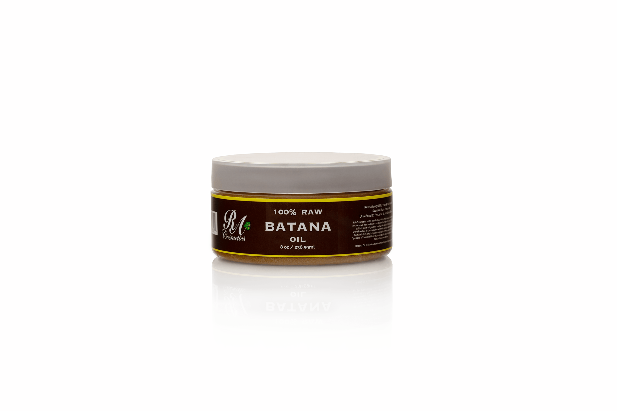 Jar of 8oz  100% Pure Batana oil with a brown label on a white background