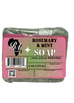 Bar of soap with a pink label on a white background
