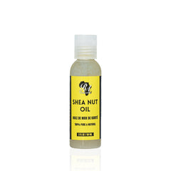Bottle of shea nut oil with a yellow label on a white background