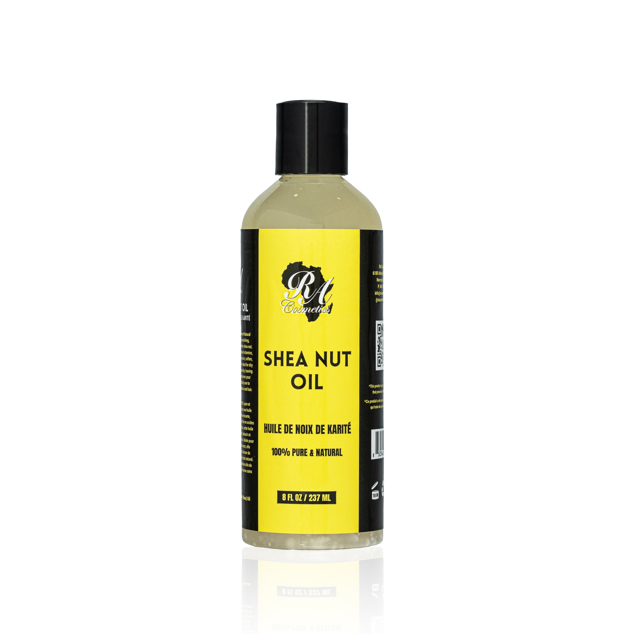 Bottle of shea nut oil with a yellow label on a white background