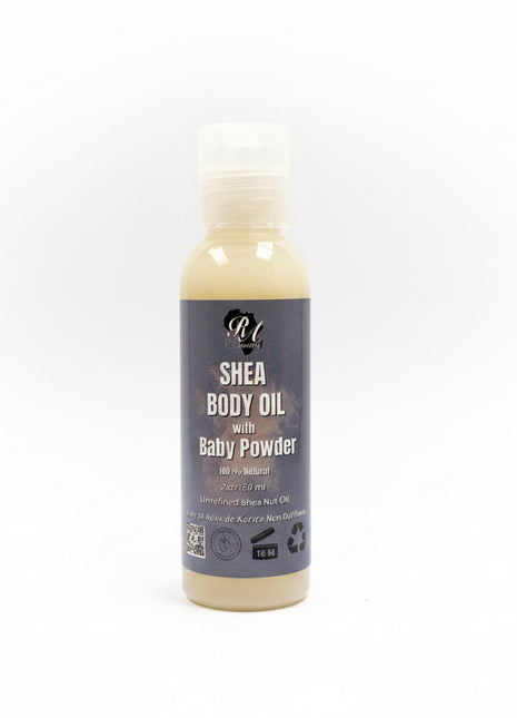 Shea body oil bottle with baby powder on a white background