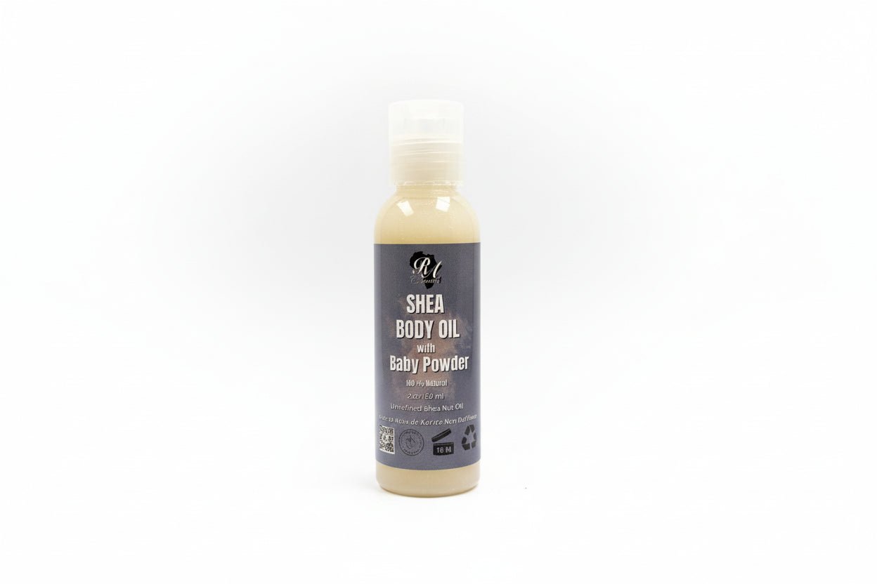 Shea body oil bottle with baby powder on a white background