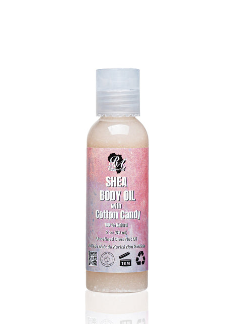 Shea body oil bottle with cotton candy flavor on a white background