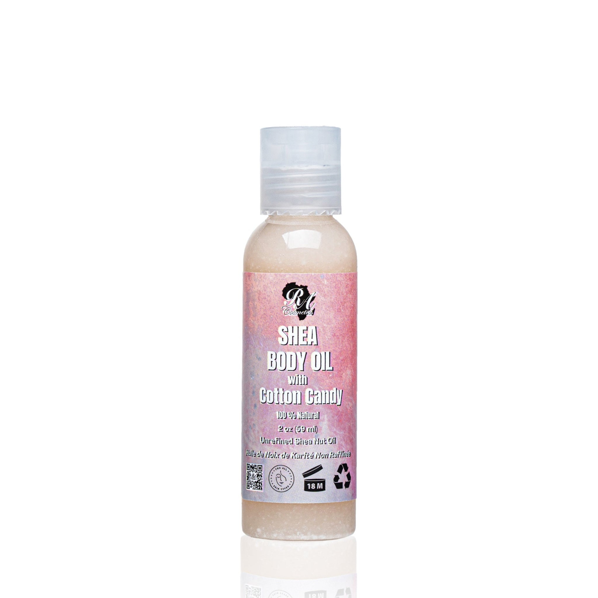 Shea body oil bottle with cotton candy flavor on a white background
