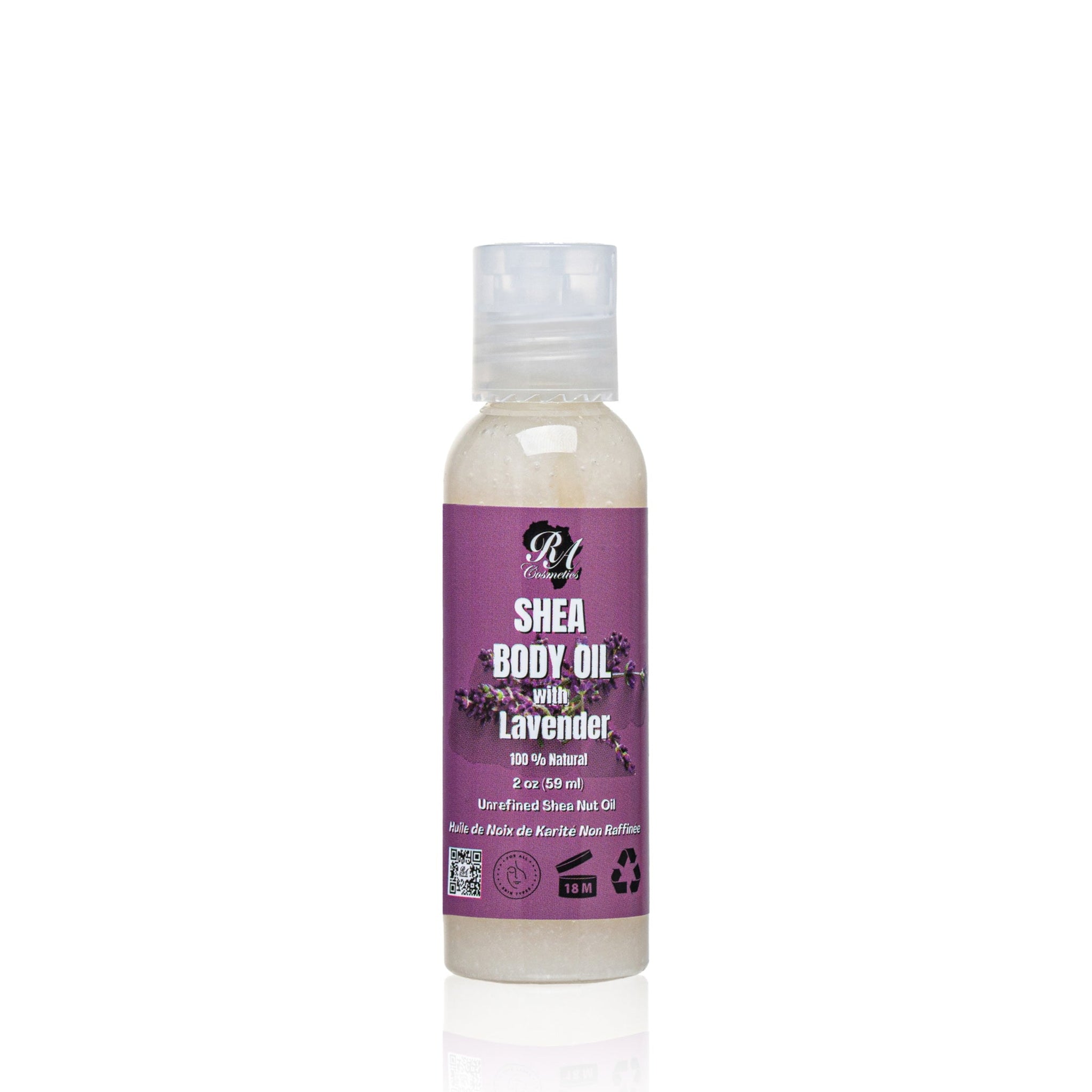 Shea body oil bottle with lavender scent on a white background