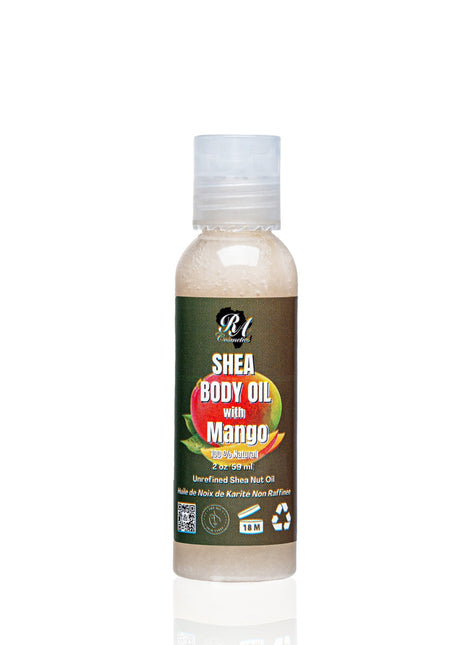 Shea body oil bottle with mango flavor on a white background