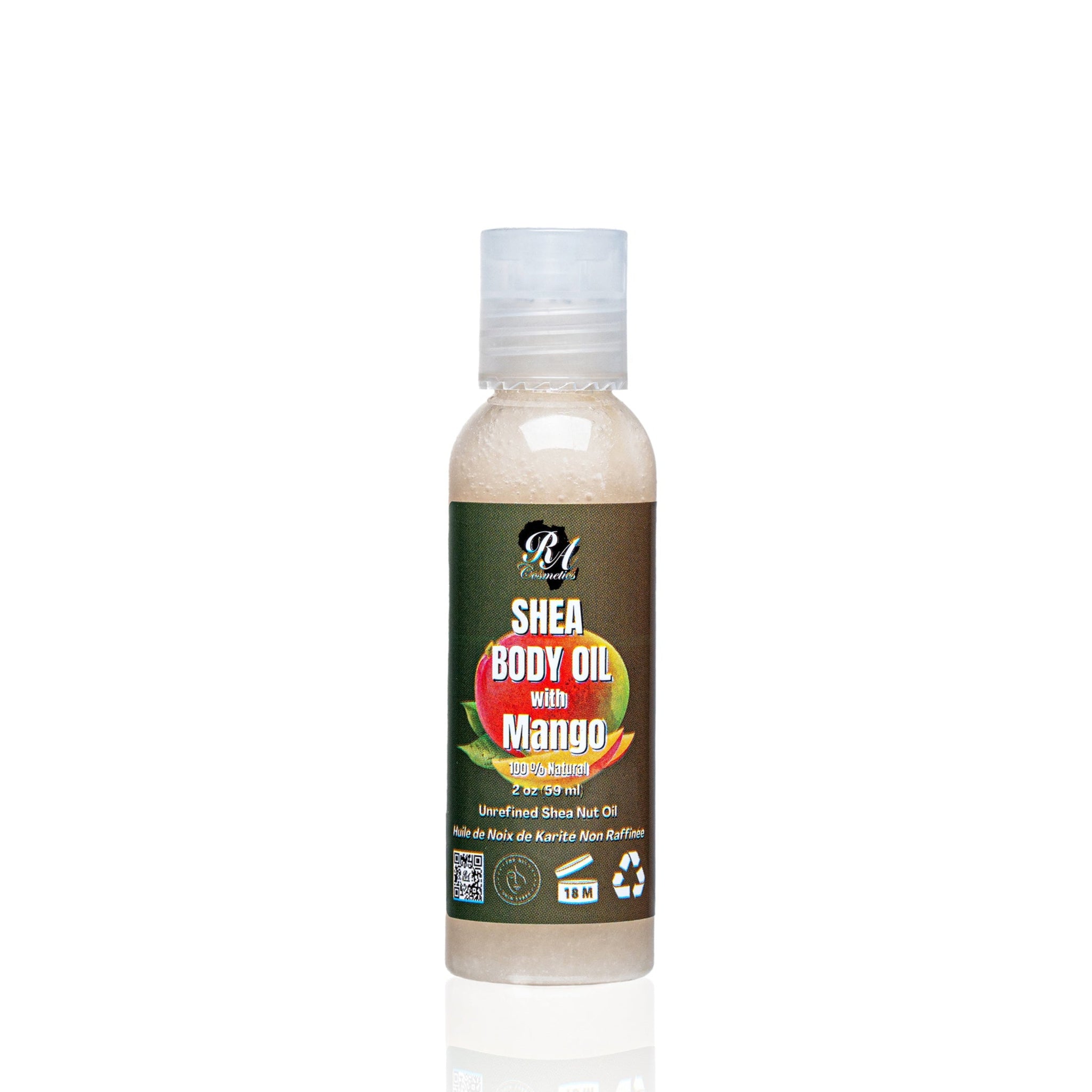 Shea body oil bottle with mango flavor on a white background