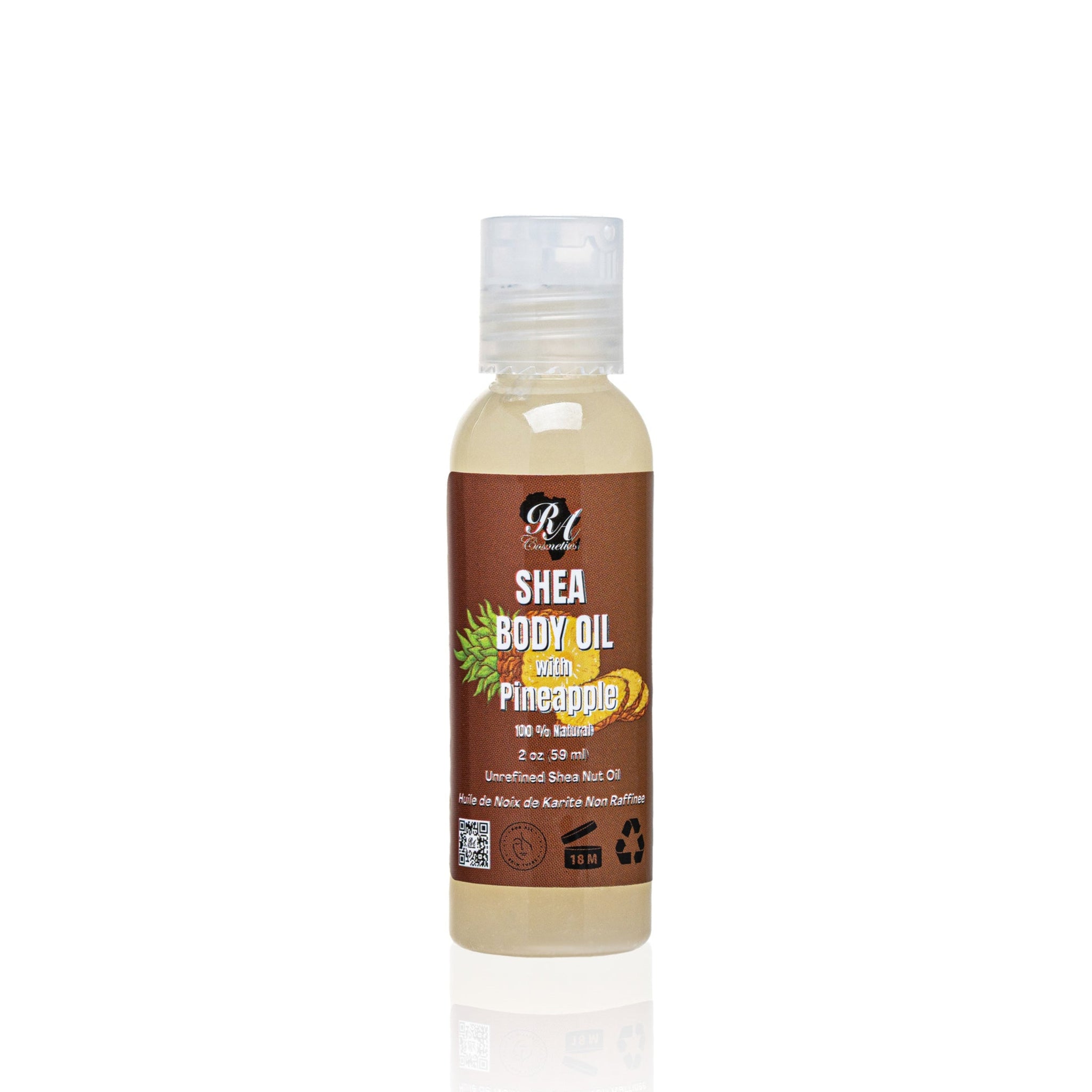 Shea body oil bottle with a brown label on a white background