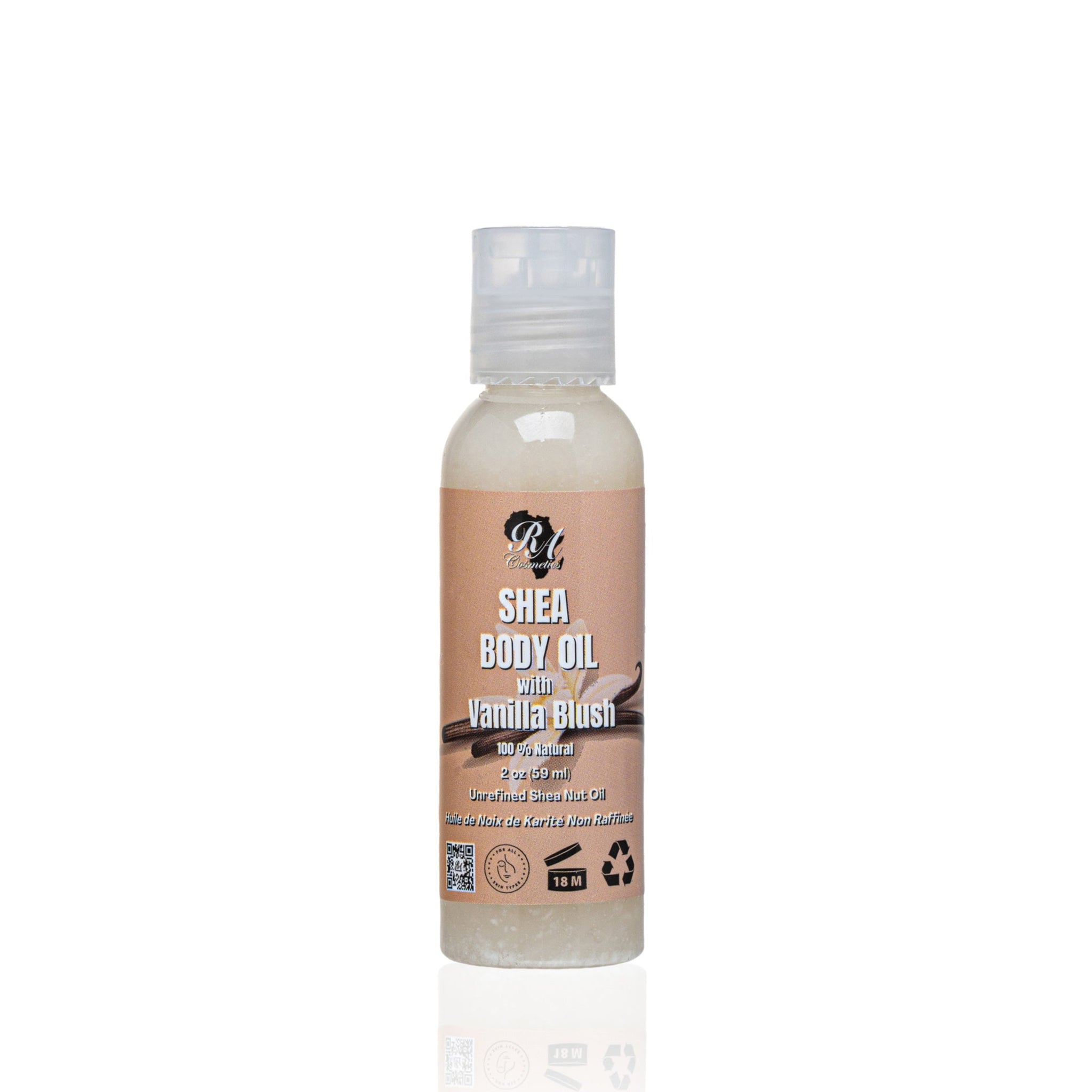 Shea body oil bottle with vanilla blush flavor on a white background