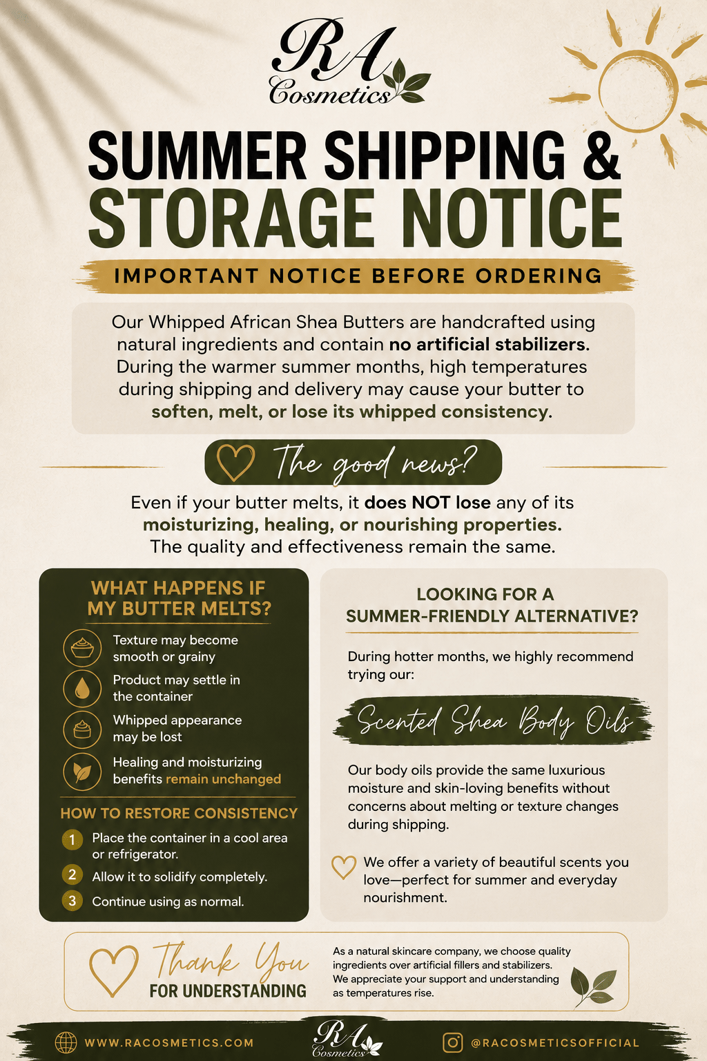 Summer shipping and storage notice for RA Cosmetics whipped African shea butters.