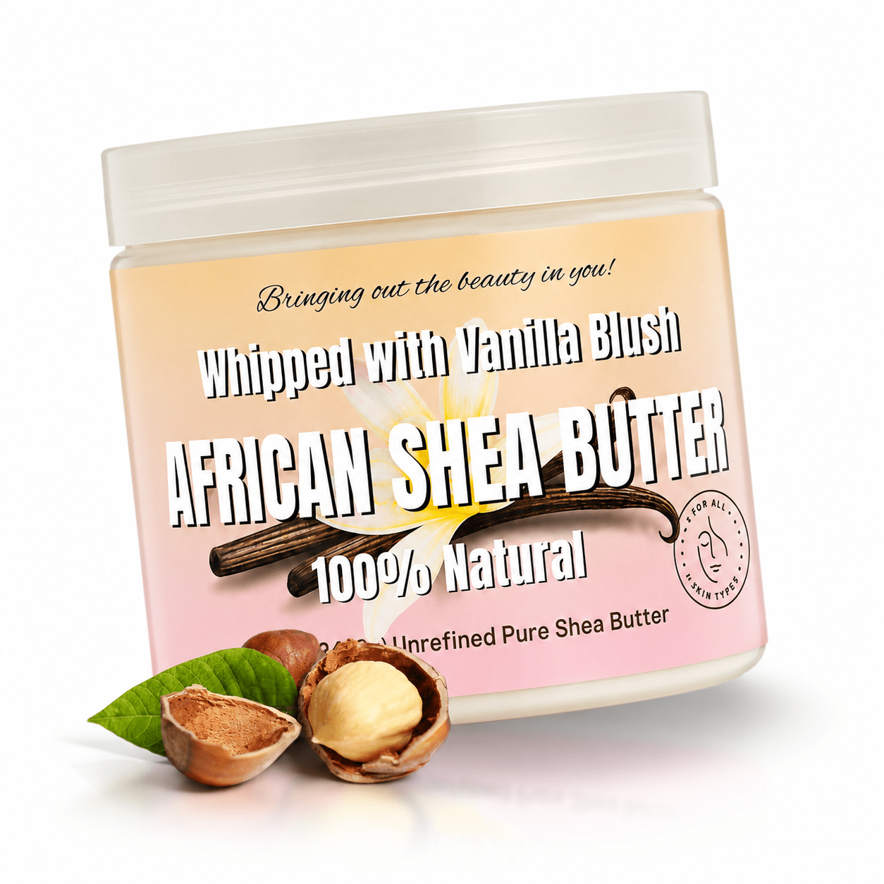 Jar of African Shea Butter with vanilla flavor on a white background