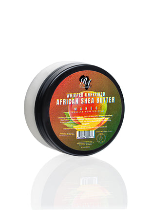Jar of whipped unrefined African shea butter with a colorful label on a white background
