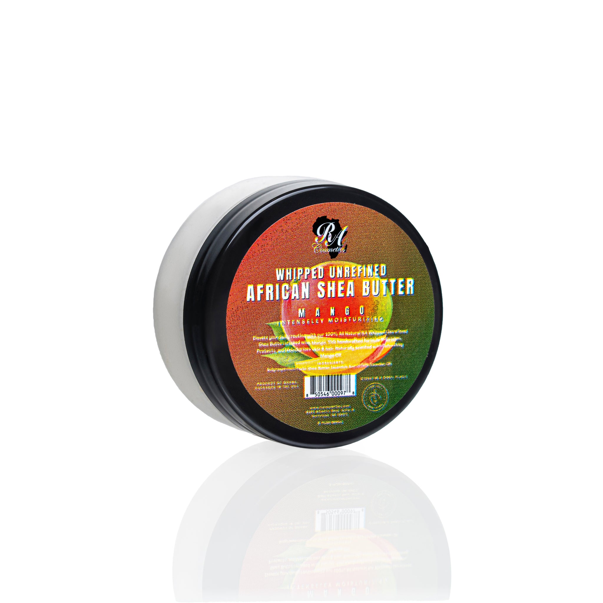 Jar of whipped unrefined African shea butter with a colorful label on a white background