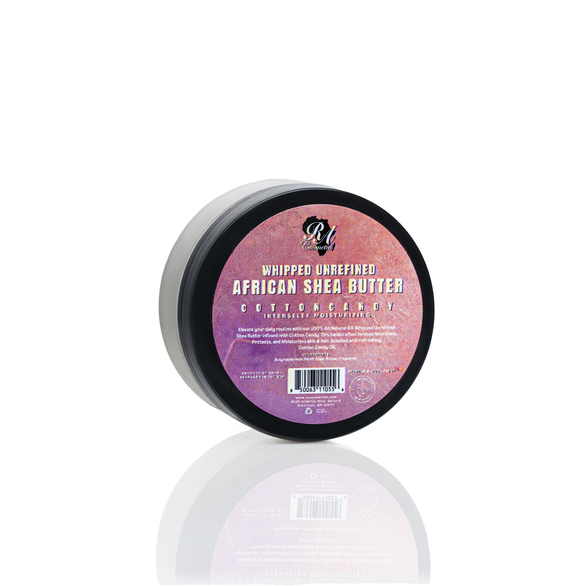 Container of whipped unrefined African shea butter with a pink label on a white background